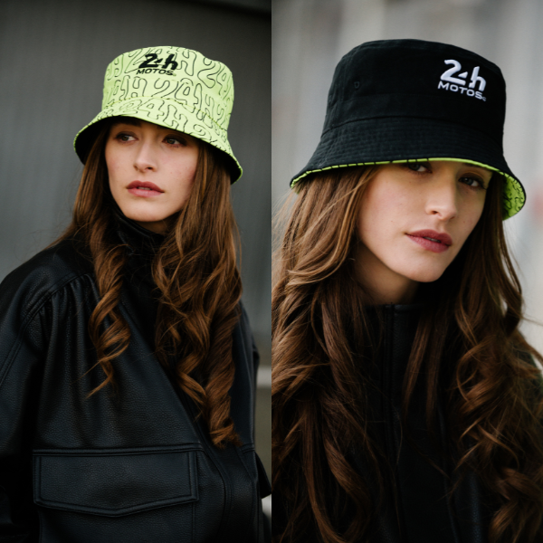 Women wearing fluo and black 24H Motos Le Mans bucket hats 